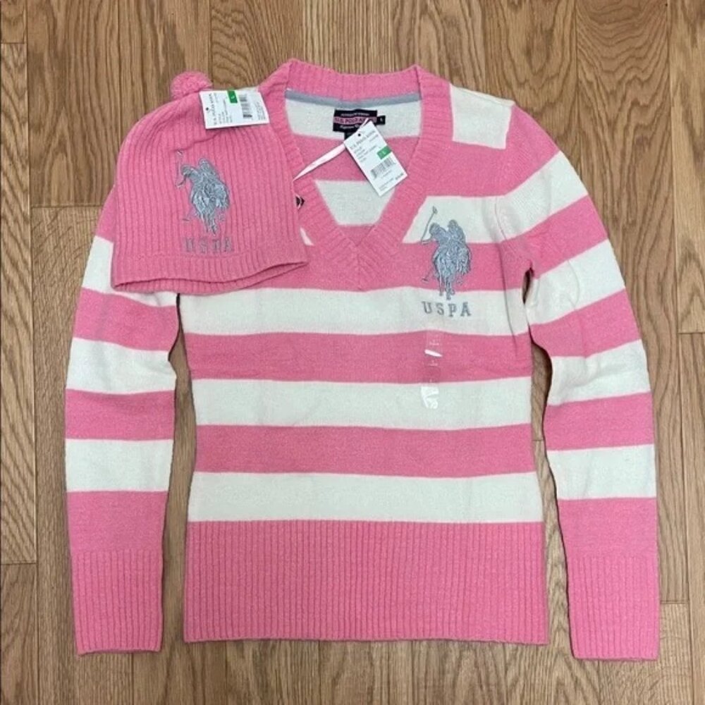 U.S. Polo Assn. Women Pink White Striped Pullover V-Neck Sweater and Hat Set